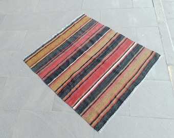 2.8 x 3.1 ft   deep charcoal and soft blackened navy, brick red and muted cranberry stripes, Hand-woven Turkish Striped Kilim Rug 2LK