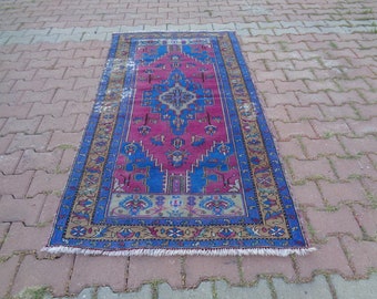 Fuchsia Gästezimmer Teppich, Bedrängter Türkischer Teppich, Rustikaler Schlafzimmer Teppich, Boho Kinderzimmer Teppich, Low Pile Dorm Teppich 6,5 x 3,4 Unikat Teppich V218