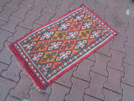Christmas Gift Rug, Orange-Yellow Small Kilim Rug, Rustic Bath Mat, Genuine Rug Mat, Unique Front door Rug 3.2 x 1.8 Vintage Shower Mat t46