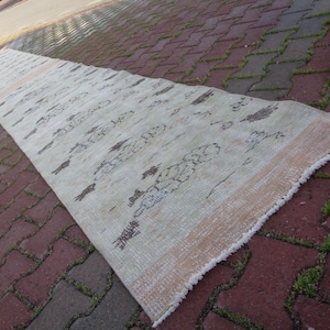 2.5 x 17.9 Soft Sage Green and Muted Earthy Tones Vintage Runner, boho  Long Carpet For Stairways, Party Ceremony Carpet, Corridor Rug v106