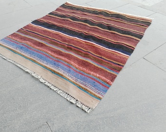 2.8 x 3.0 ft   Soft brick red and muted wine tones, charcoal grey  Hand-woven Turkish Striped Kilim Rug RV10