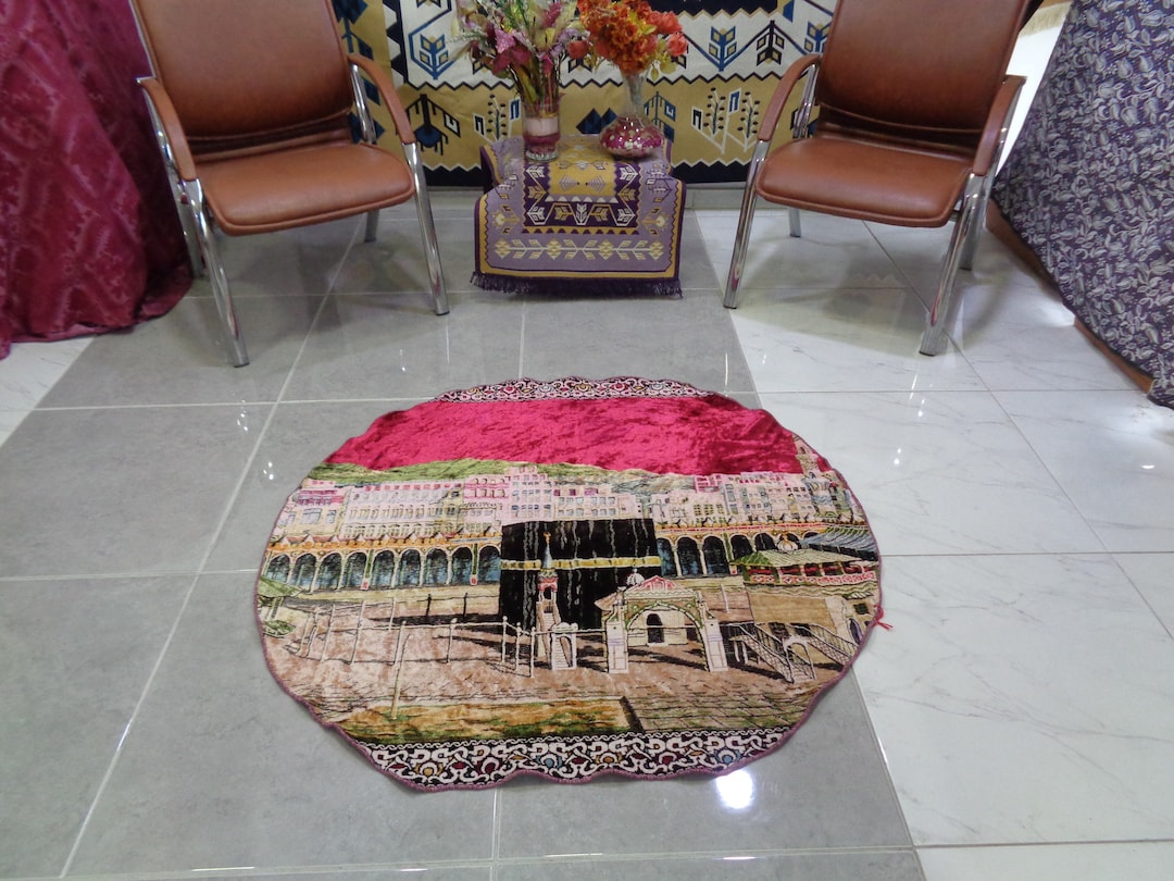 Islamic Wall Rug, Velvet Wall Hangings Rug, Holy Kaaba Picture, Round