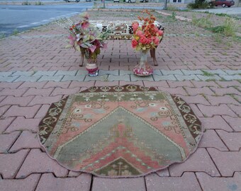 Vintage Circle Rug, Pink Round Rug, Brown Circle Carpet, Boho Kitchen Rug, Vintage Outdoor Rug 3 x3 Ft Wool Circle Rug Bedroom, Patio Rug D1