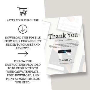 May include: A thank you message for a purchase with instructions on how to download a PDF file from Etsy and access a Canva template. The text includes the phrase "Click Here" and the website address "acrylicfoundations.com".