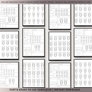 Paquete de hojas de práctica y planificación para clientes para Nail Art / Plantillas de formas de uñas + Lista de productos para Nail Technican / Elementos esenciales para uñas a presión