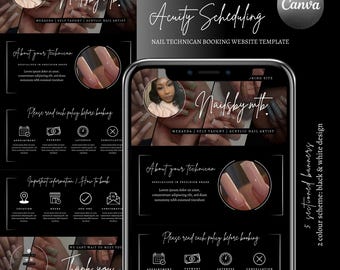 May include: Black and white website template for a nail technician booking site. The template features a photo of a woman with long acrylic nails, the text "Nailsbymte", and the words "Acuity Scheduling" and "Nail Technician Booking Website Template".