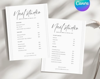 Menu Price List Canva Template | DIY Beauty Business Branding | White/Black Design for Nail Techs, Hairstylist, Makeup Artist & Lash Techs