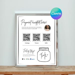 Zahlung hier akzeptiert & Virtuelles Trinkgeld Glas Canva Vorlage | Scan zum Unterstützen | QR-Code-Zeichen | DIY Branding für Kleinunternehmen | Weiß/Schwarz Design
