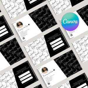 紹介カード Canva テンプレート | DIY 美容ビジネス ブランディング | ネイル テクニシャン、まつげテクニシャン、ヘア スタイリスト、メイクアップ アーティスト向けの白黒デザイン