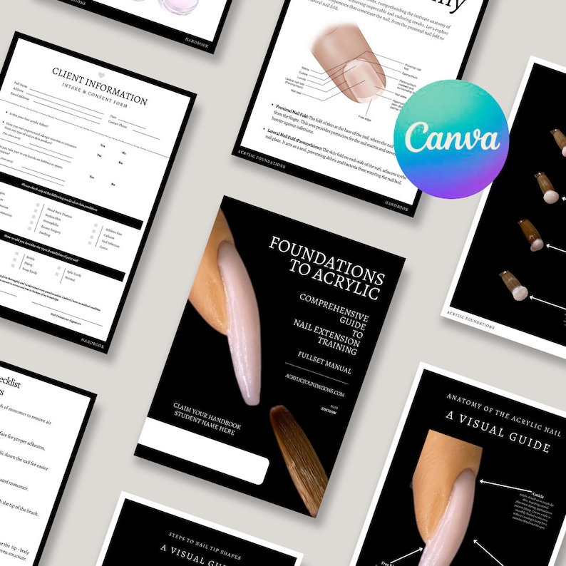 May include: A black and white guide to acrylic nail extensions. The guide includes a visual guide to nail tip shapes, an anatomy of the acrylic nail, and a client intake and consent form. The guide is titled "Foundations to Acrylic: Comprehensive Guide to Nail Extension Training Fullset Manual".