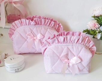 Ruffle make-up tas, roze pastel cosmetische tas met strik