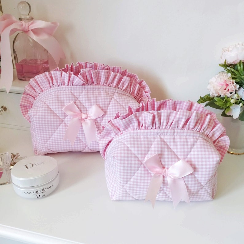 Ruffle make-up tas, roze pastel cosmetische tas met strik afbeelding 1