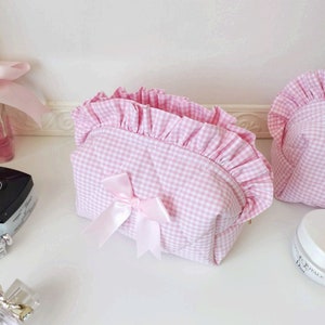 Ruffle make-up tas, roze pastel cosmetische tas met strik afbeelding 3