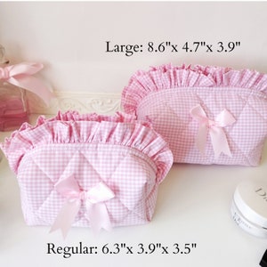 Ruffle make-up tas, roze pastel cosmetische tas met strik afbeelding 8