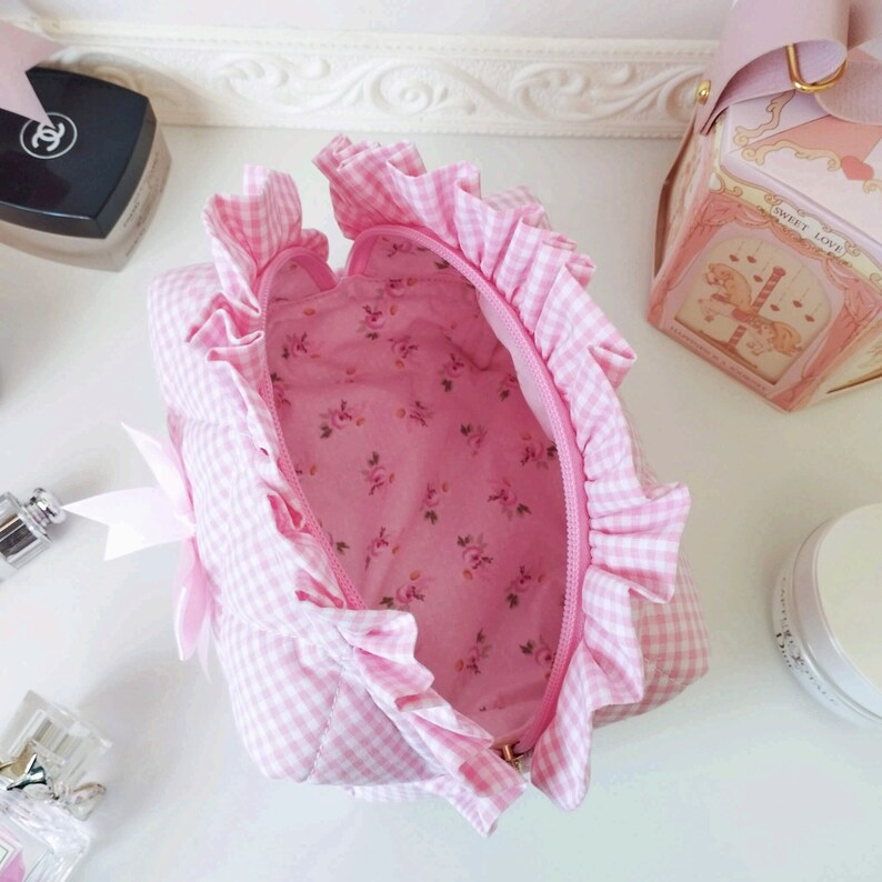 Ruffle make-up tas, roze pastel cosmetische tas met strik afbeelding 7
