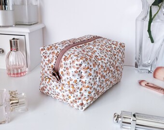 Handmade Floral Makeup Bag, Beige Quilted Cosmetic Bag