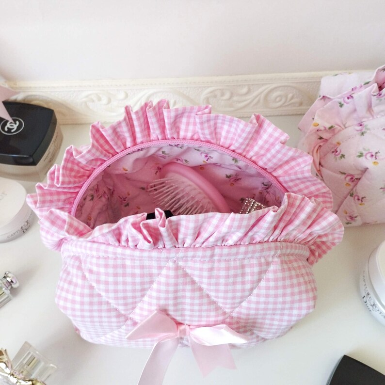 Ruffle make-up tas, roze pastel cosmetische tas met strik afbeelding 4