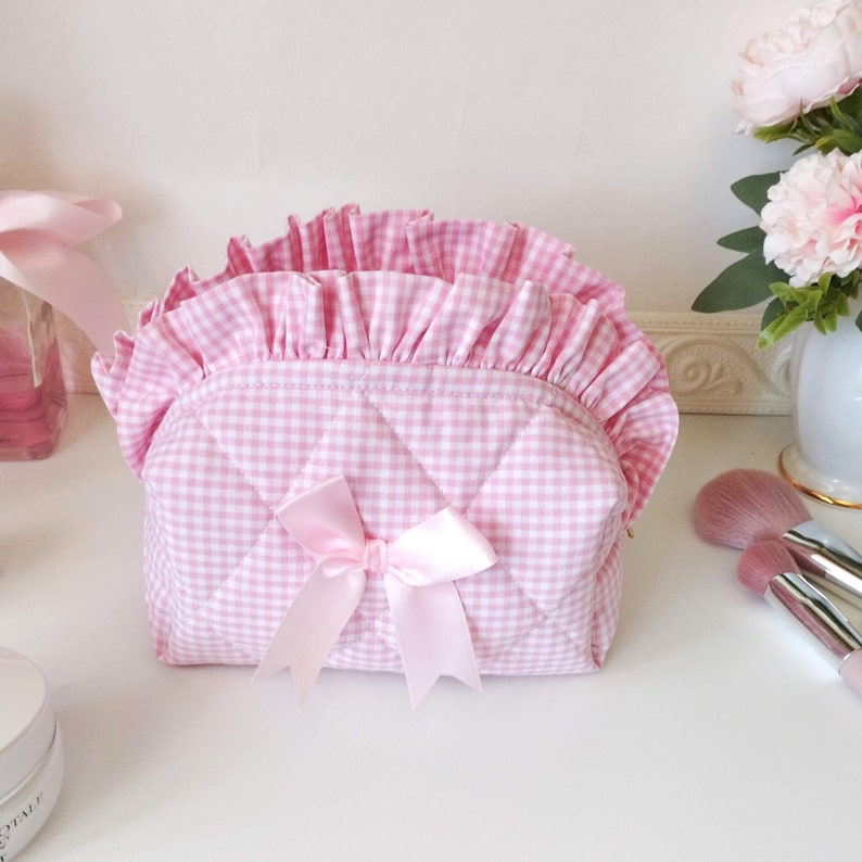 Ruffle make-up tas, roze pastel cosmetische tas met strik afbeelding 2