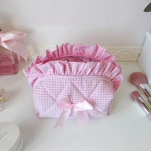 Ruffle make-up tas, roze pastel cosmetische tas met strik afbeelding 6