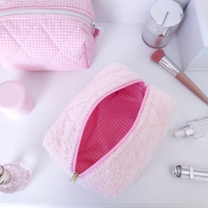 Makeup Bag, Handmade Terrycloth Towelling Quilted Toiletry Bag for Women, Teddy Pink  Make Up Bag, Cosmetic Travel Bag