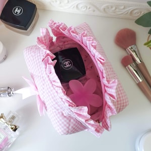 Ruffle make-up tas, roze pastel cosmetische tas met strik afbeelding 5