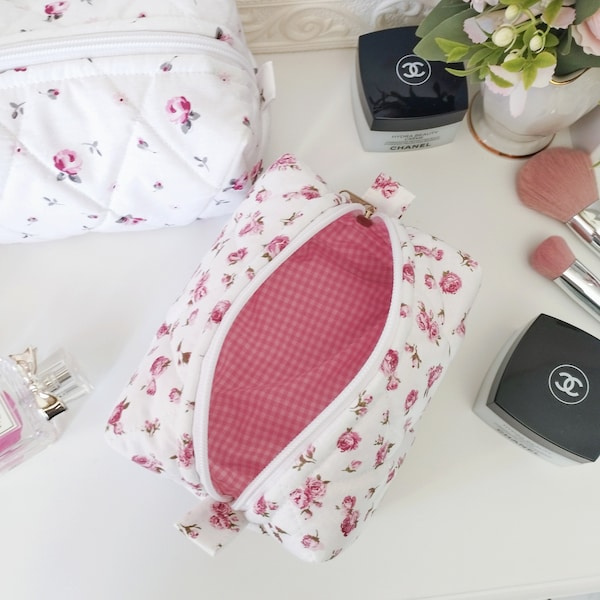 Handmade Floral Makeup Bag, Pink Quilted Cosmetic Bag