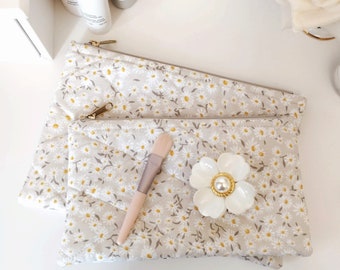 Quilted Makeup Pouch, Handmade Travel Cosmetic Pouch for Women, Beige Floral Makeup Bag