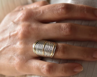 925 silver ring with gold, two-tone ring, handmade in Italy.