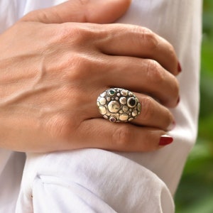 Ring with precious stones in 925 silver, ruby, green agate, black zirconium, handmade.