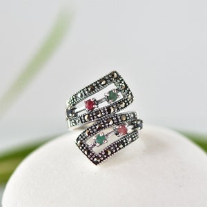 Adjustable 925 silver ring with Marcasite, Emerald, Ruby and Sapphire, handmade.