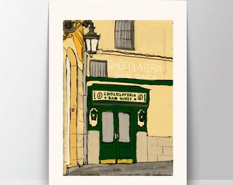 Madrid Chocolateria San Gines Print, Vintage City Illustration, Museum Giclée Wall Decor