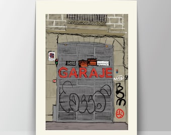 Garaje Valverde Street, Malasaña, Madrid giclée fine art print, illustration