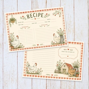 Farmhouse Recipe Cards Printable 4x6 | Rustic Chicken Recipe Card PDF | Red Gingham Kitchen Recipe Box Insert | Country Floral