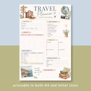 Könnte beinhalten: Ein Reiseplaner-Blatt mit Abschnitten für Reisedetails, Reiseverlauf, Budget, Checkliste, Packliste und Kontakte. Das Design enthält Aquarellillustrationen eines Globus, Koffern, eines Hutes und einer Küstenlandschaft mit dem Text TRAVEL PLANNER.