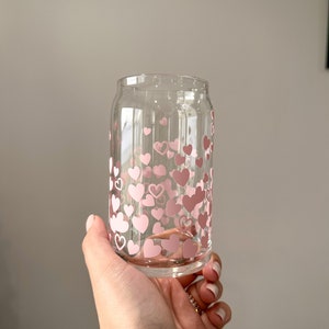 Falling Hearts Beer Can Glass Cup | Valentines Day Gift | Iced Coffee Glass | Glass Coffee Cup | Gift for her | Cup With Lid And Straw