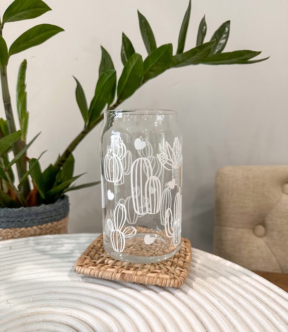 Cactus Hearts Beer Can Glass Cup | Iced Coffee Glass | Glass Coffee Cup |  Gift for her | Cup With Lid And Straw | Plant Lover