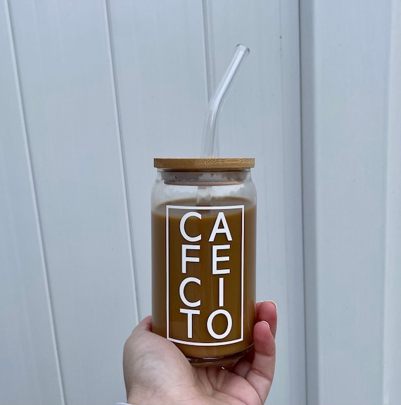 Cafecito Beer Can Iced Coffee Glass Cup With Lid and Straw 