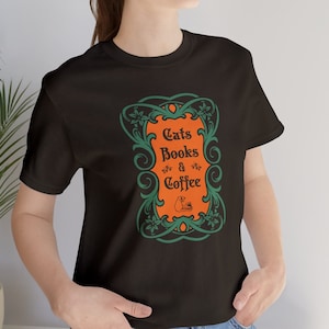 T shirt Cats Books & Coffee Art Nouveau style