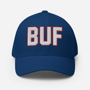 May include: A blue baseball cap with white embroidered letters that spell "BUF" in red outline.