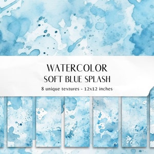 8 Soft Blue Watercolor Background Clipart, Watercolour Digital Paper, Splashes, Blue Background, Watercolor resources, 300 dpi, 12x12 inches