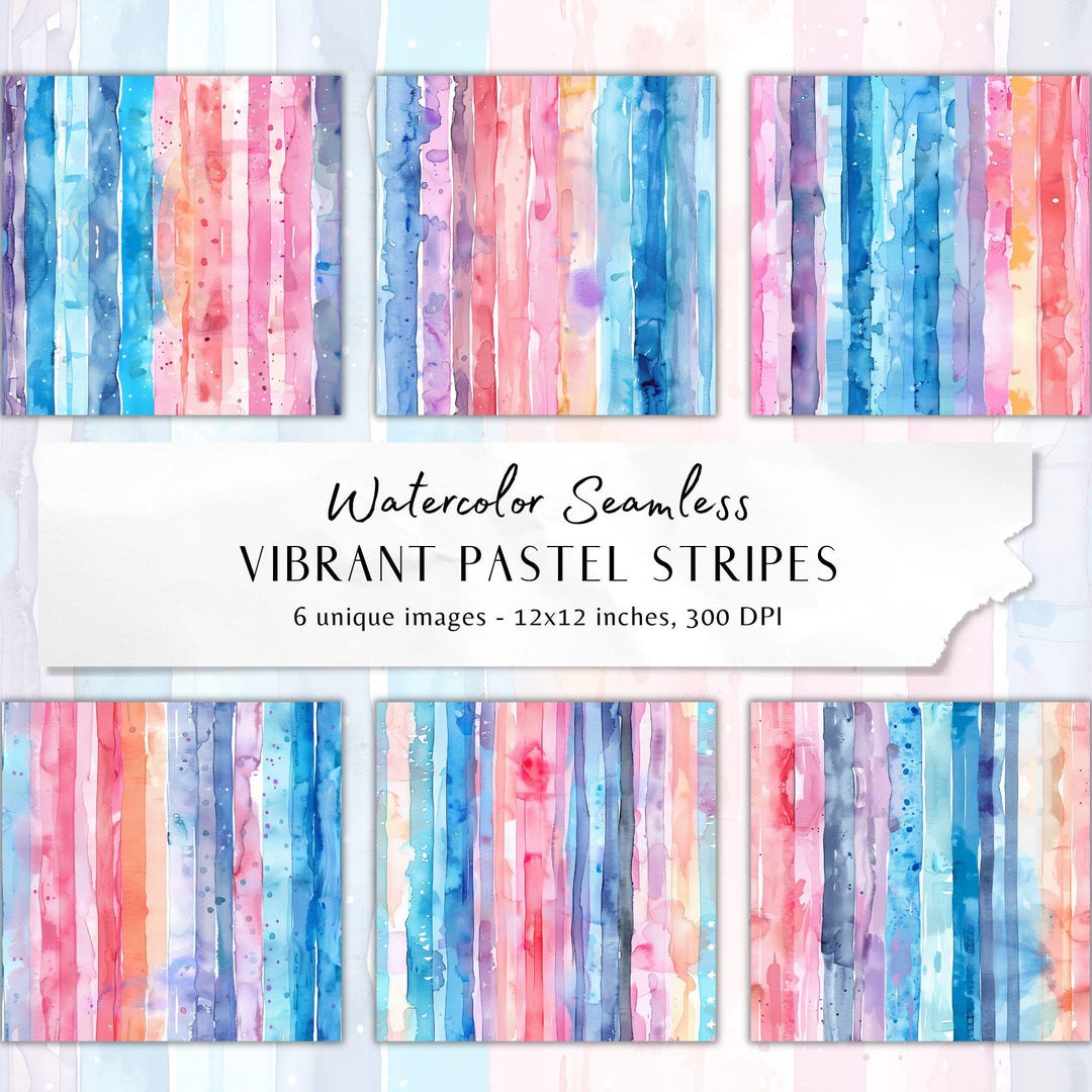 Watercolor Stripes 6 Seamless Pastel Digital Papers, 300DPI JPG Files ...