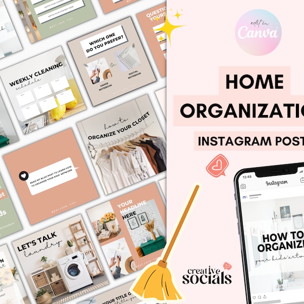 Instagram Posts for Home Organization  | 30 Instagram Templates for Home Organizers | Social Media Posts