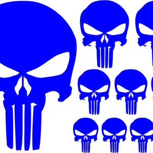 May include: Nine blue skull decals. The skulls have a white outline and are in a variety of sizes.