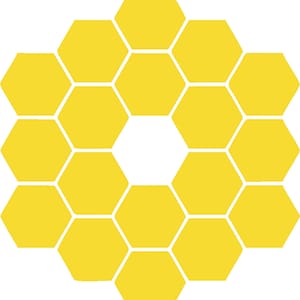 May include: A yellow honeycomb pattern with a black center. The honeycomb is made up of 18 hexagons.