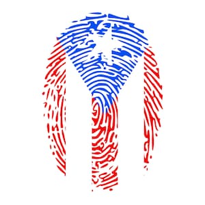 Puede incluir: Una ilustración gráfica de una huella dactilar con el diseño de la bandera de Puerto Rico. La imagen presenta franjas rojas y blancas alternadas con un triángulo azul en el lado izquierdo que contiene una estrella blanca de cinco puntas.