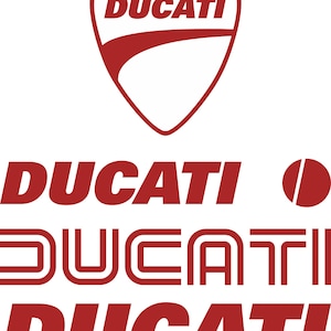 May include: Red Ducati logo with the word "DUCATI" in white letters. The logo is in a shield shape with a red curve at the top. Below the logo are three variations of the word "DUCATI" in red.