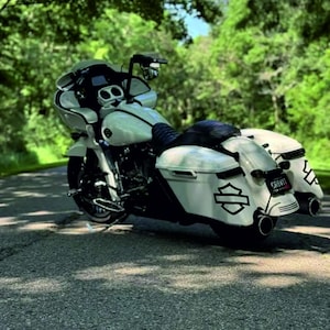 Puede incluir: Una motocicleta blanca con detalles en negro está estacionada en una carretera pavimentada. La motocicleta tiene un carenado, alforjas y un asiento negro. El logotipo de Harley-Davidson es visible. El fondo incluye árboles y follaje verdes.