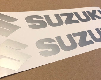 2x Suzuki decals stickers silver matte color for motorcycle outboard cover fuel gas tank fairing 250x50mm