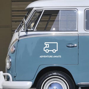2x Adventure awaits stickers decals for motorhome, camper, RV, camper van, trailer or any flat surface.