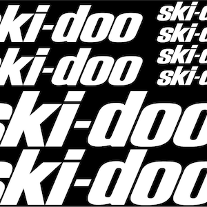 May include: A black and white image with the text "ski-doo" repeated multiple times in a bold, white font.